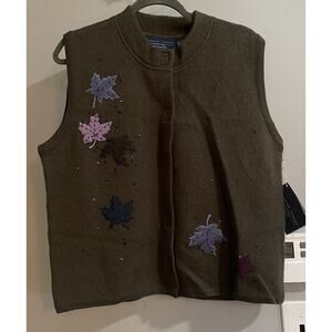 Catherine Stewart‎ Sweater Vest Zip Up Wool Leaf Print Vintage Womens XLarge New